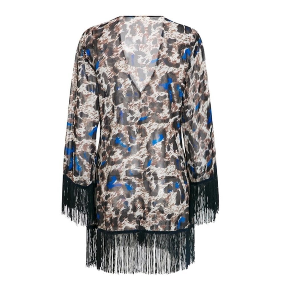 Leopard Print Open Front Cover Up with Tassels - Picture 6 of 9